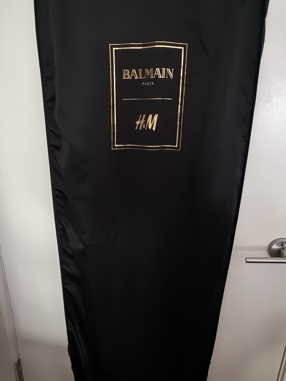 BalmainxH&M Black Satin Garment Cover with Gold Logo Print